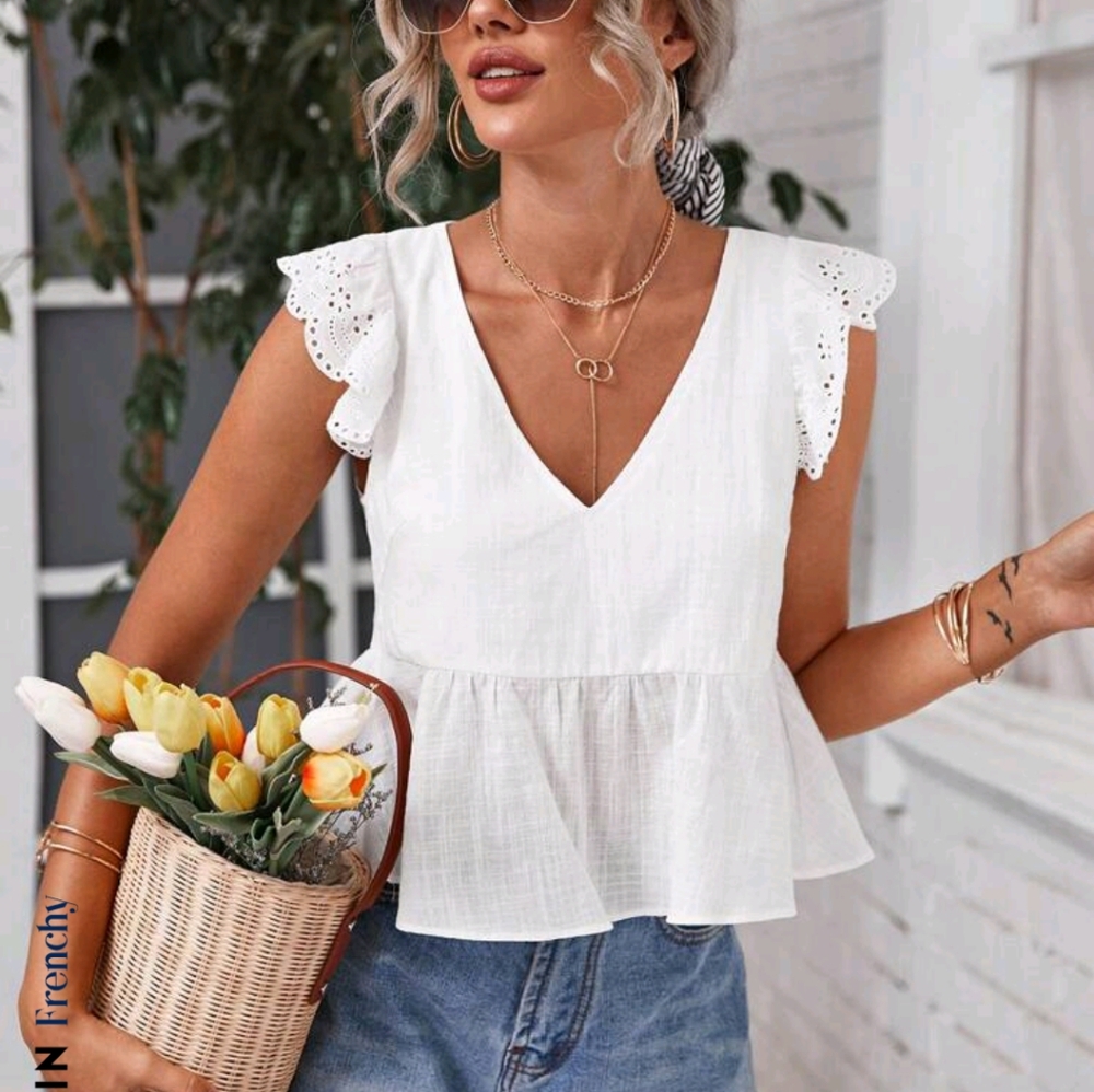 NWT- Shein White Short Sleeve Eyelet Deep-V Peplum Top Size Large - Picture 8 of 8